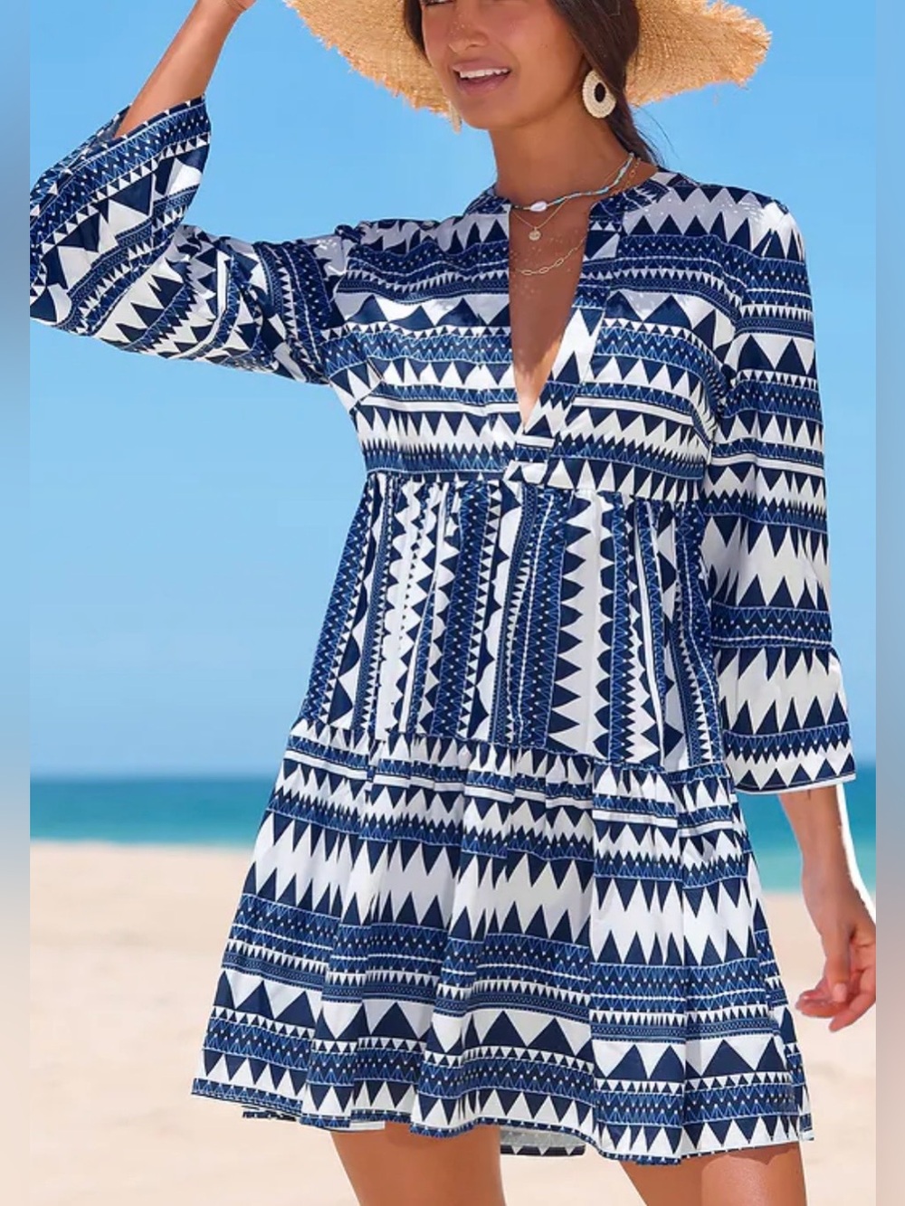 Women’s Cupshe Bold Shapes Boho Mini Dress Geo Navy & White Size Small EUC